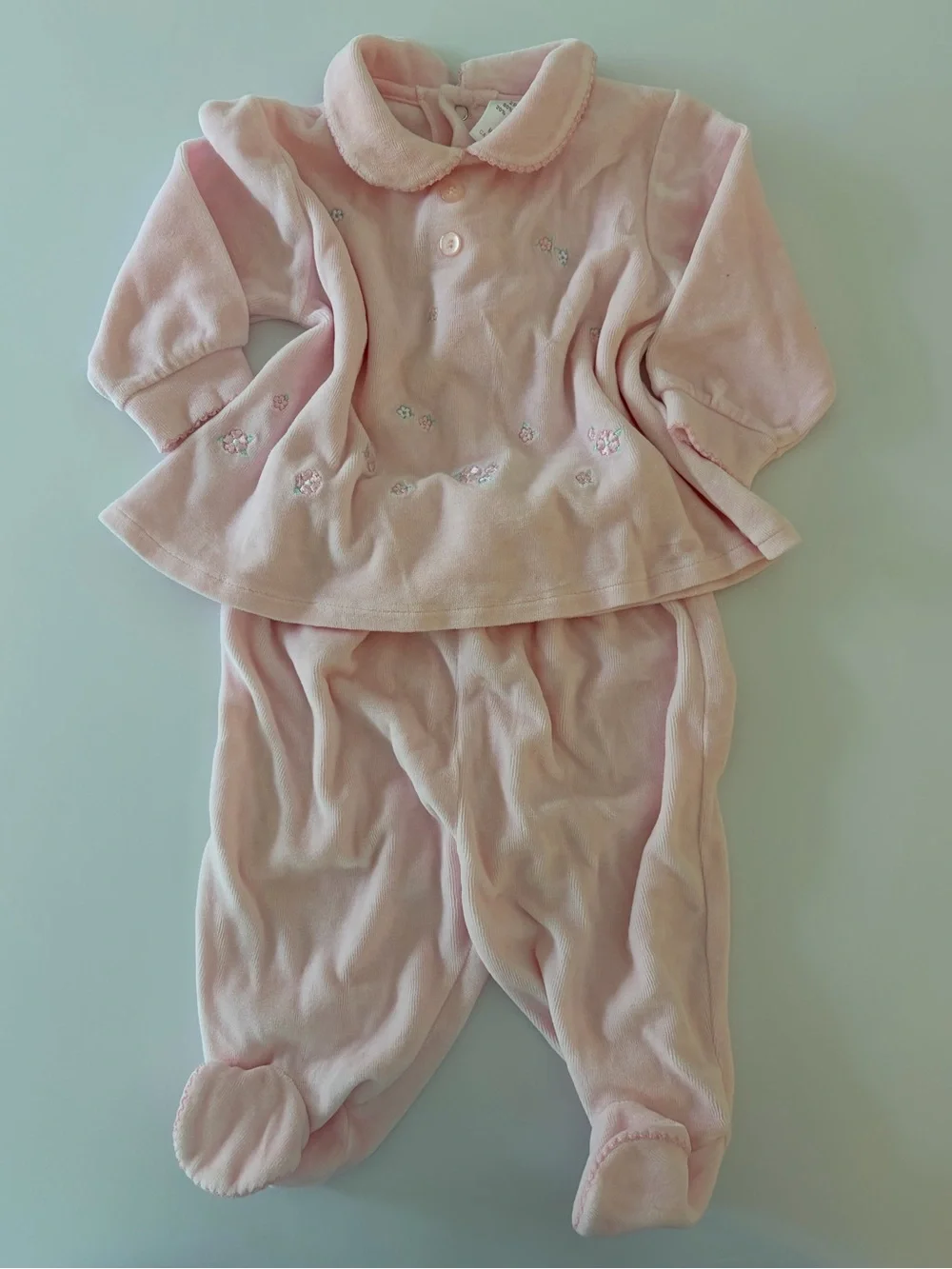 Vintage Carters 2 Piece Soft Pink Velour Set Sweet Floral Embroidery 9 Months